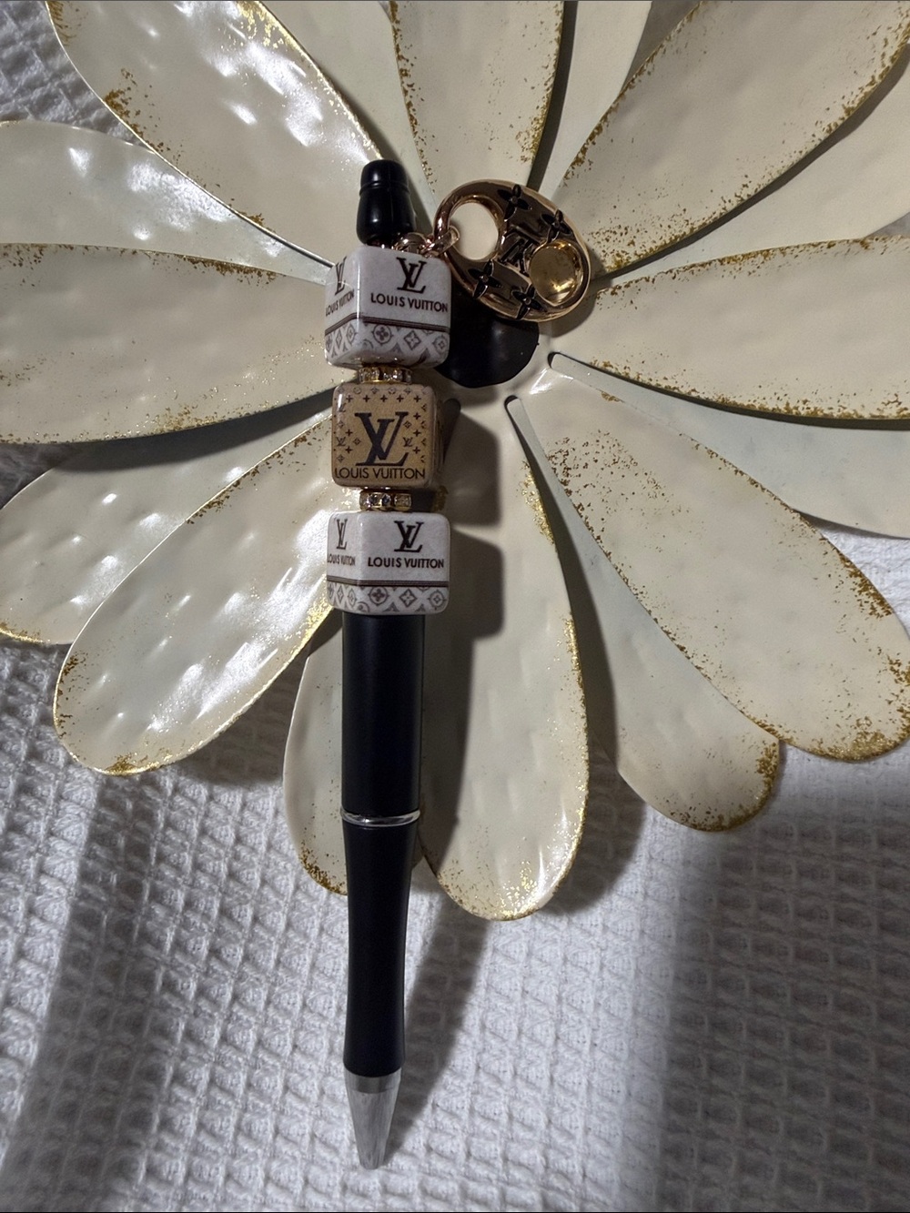 Handmade Black Pen with White and Gold Bead Charms and golden charm - Picture 9 of 13